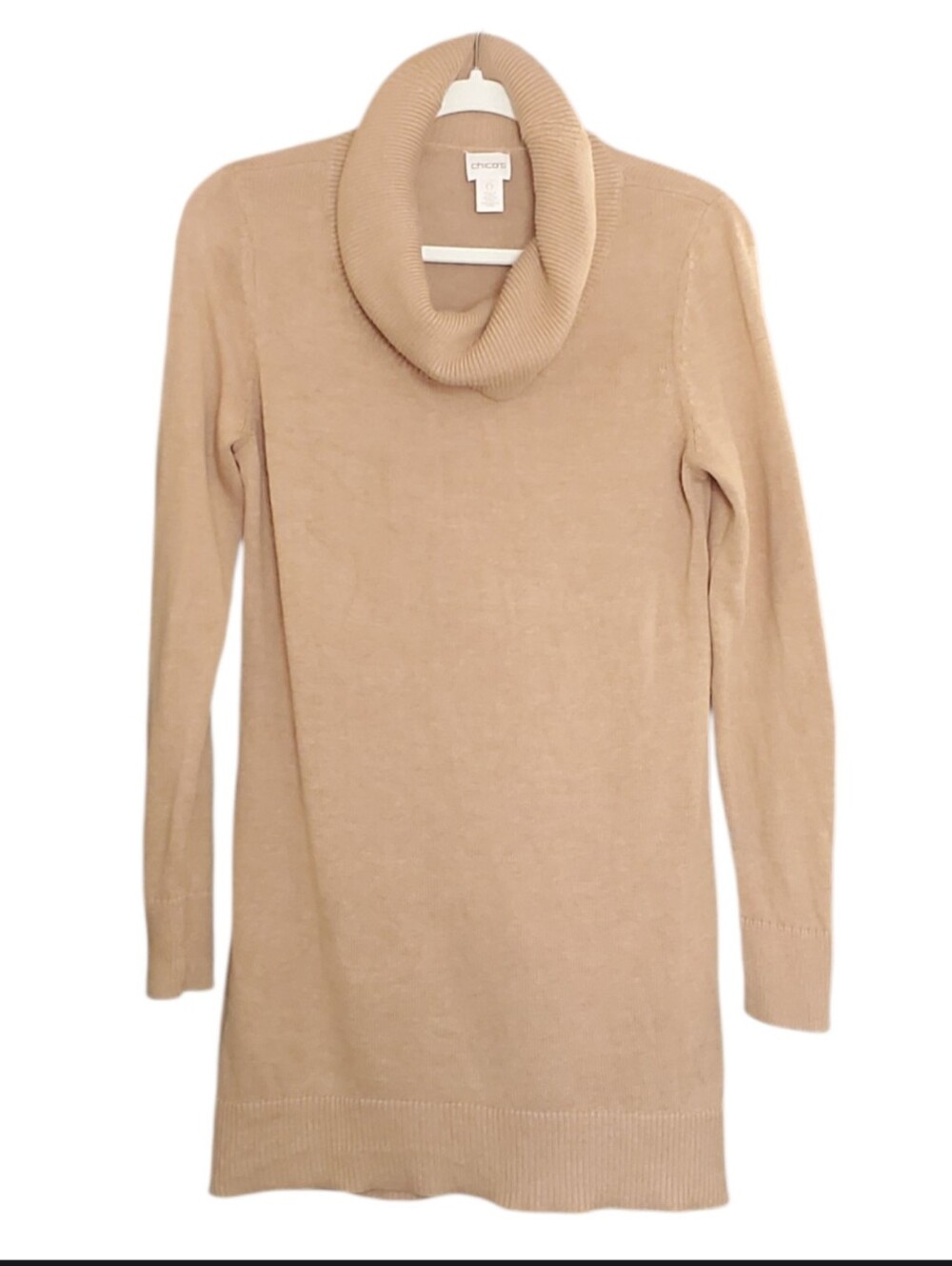 Chico's Camel Cowl Neck Tunic Longsleeve Knit Sweater Hi Low Cotton Silk Blend S